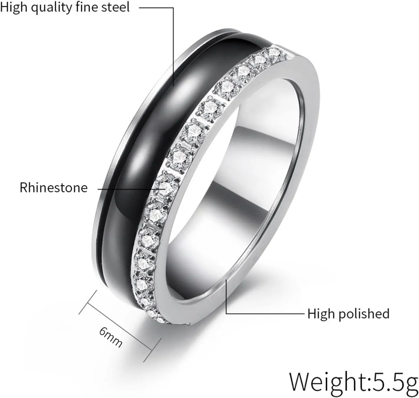 Wedding Rings Men, Stainless Steel Engagement Rings Silver Black Ring with Zirconia Proposal Couple Ring
