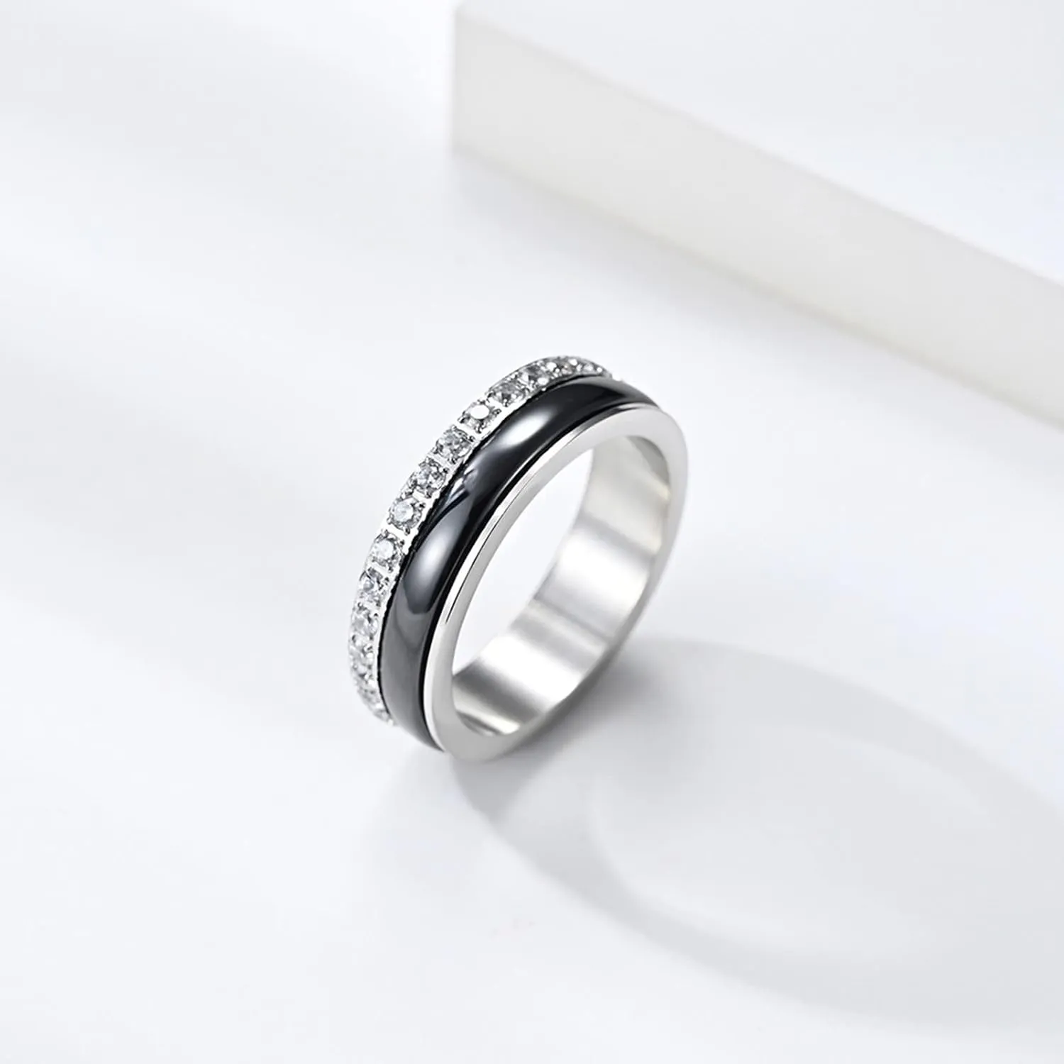 Wedding Rings Men, Stainless Steel Engagement Rings Silver Black Ring with Zirconia Proposal Couple Ring