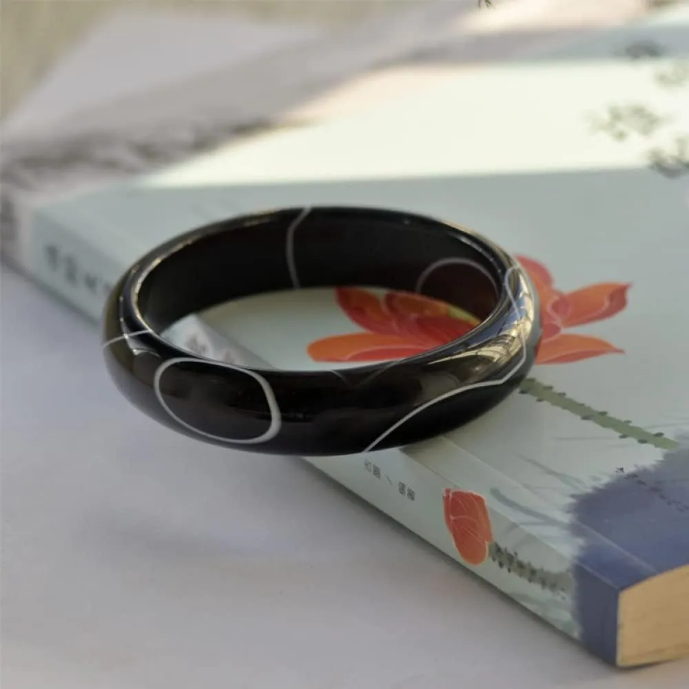 Women's Bracelet, Jade Bangle Bracelet, Black Pattern Black Agate Jade Bangle, Ladies Medium Wide Jade Bracelet, for Women, for Girlfriend, for Friend, with Jewelry Box, 56-62mm,58mm,62mm
