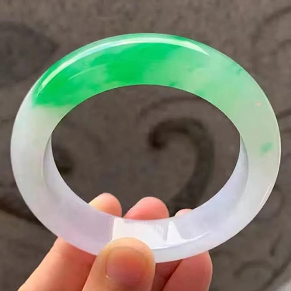 Women's Bracelet, Jade Bangle, Half White and Half Green Floating Flower Jade Bangle Bracelet, Ladies, for Family Or Friend, with Jewelry Box, 52-64mm,60mm,