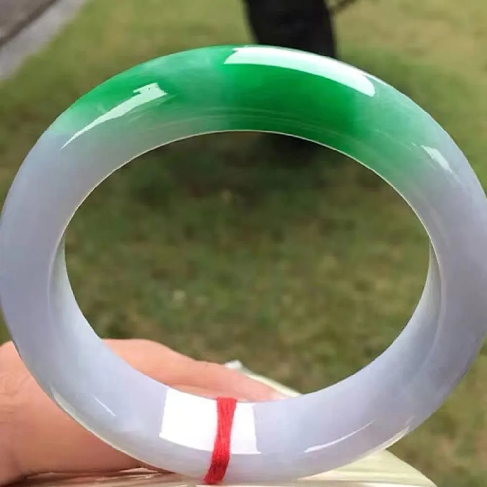 Women's Bracelet, Jade Bangle, Half White and Half Green Floating Flower Jade Bangle Bracelet, Ladies, for Family Or Friend, with Jewelry Box, 52-64mm,60mm,