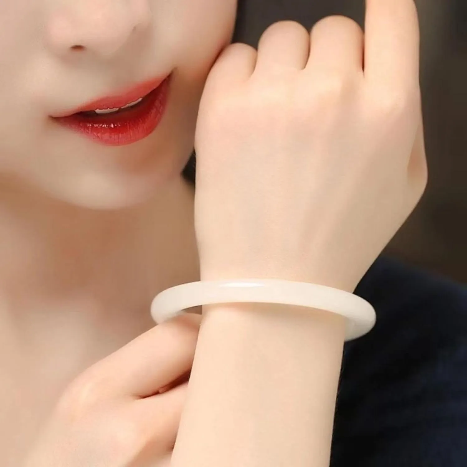 Women's jade bracelet, genuine white thin round jade bracelet, made by a master,
