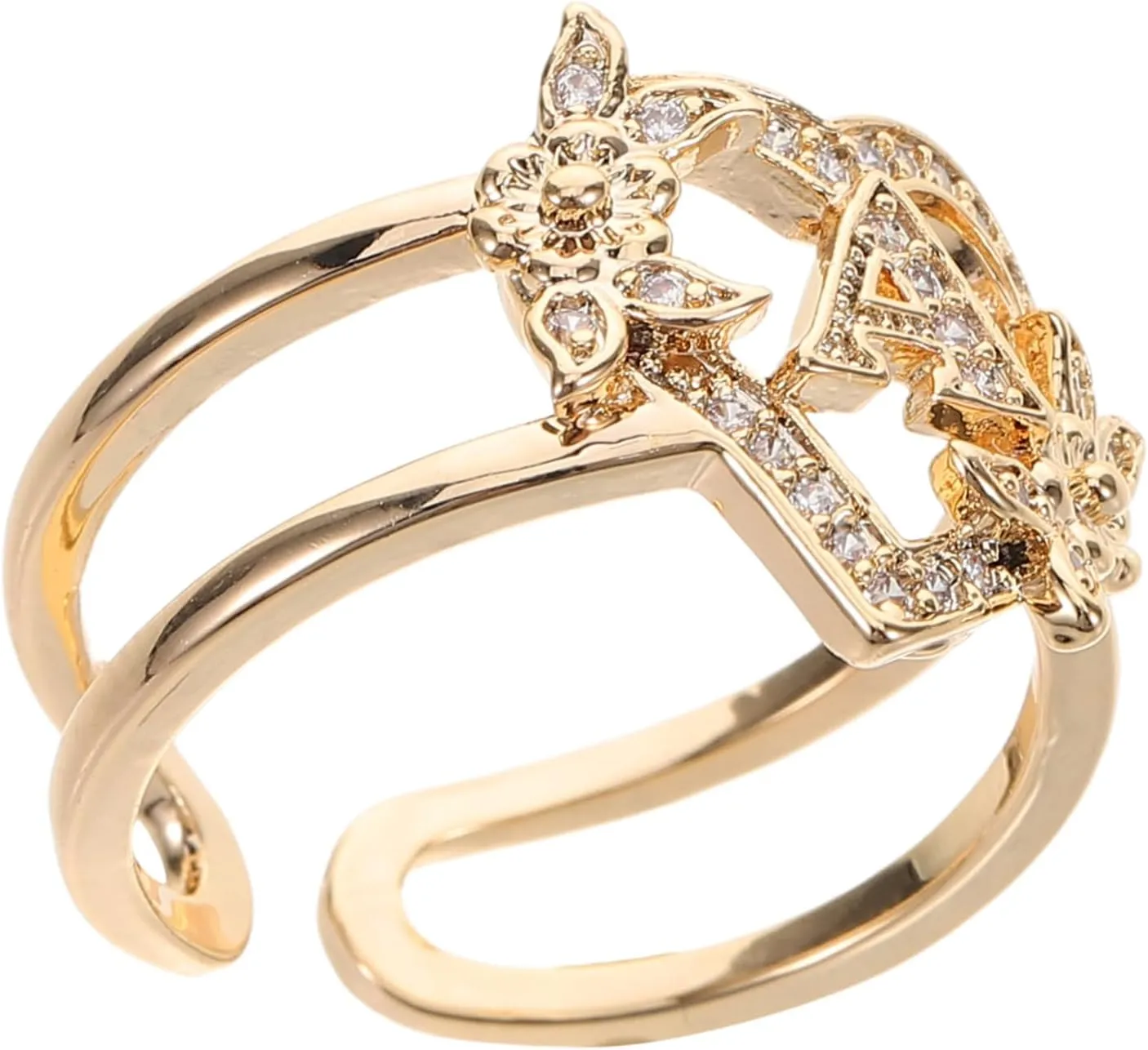 Women's Letter Initial Ring Flower Ring Gold for Women Jewelry Adjustable Knuckle Fashionable Statement