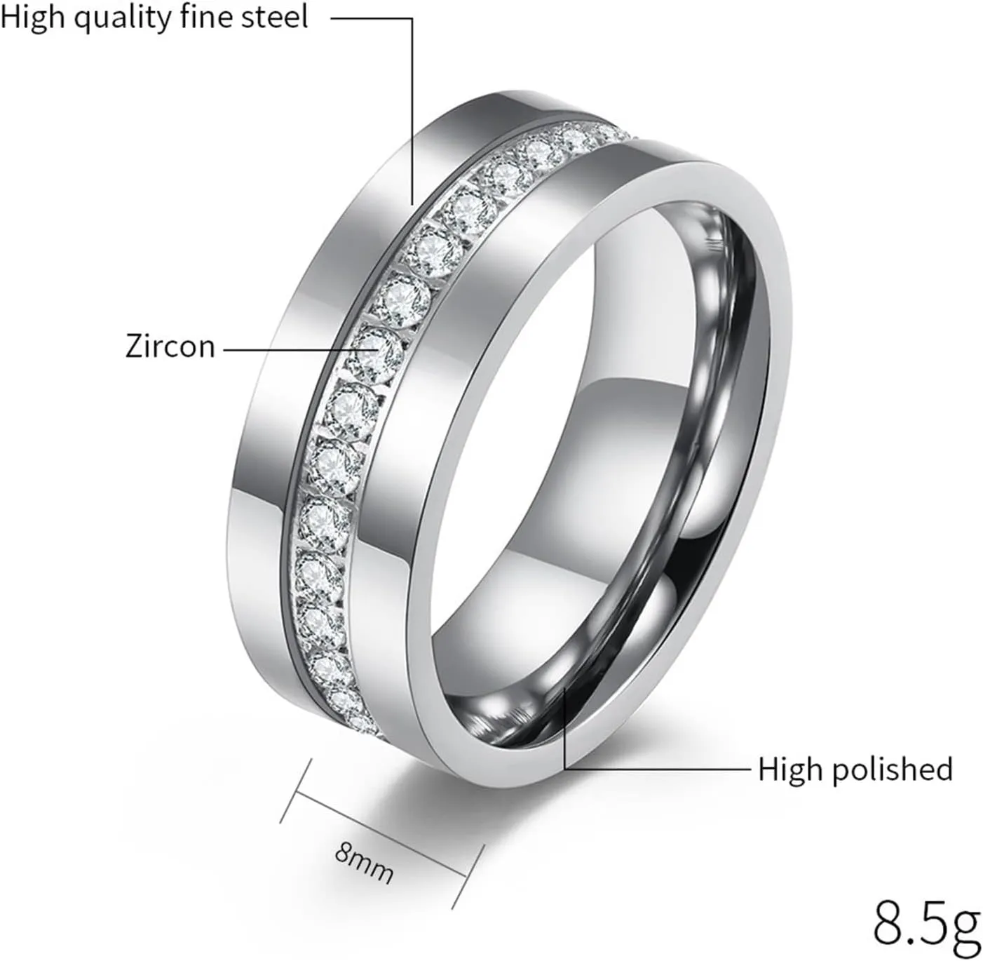 Womens Silver Rings, Stainless Steel Engagement Rings 8mm Silver Ring with Zirconia Proposal Couple Ring