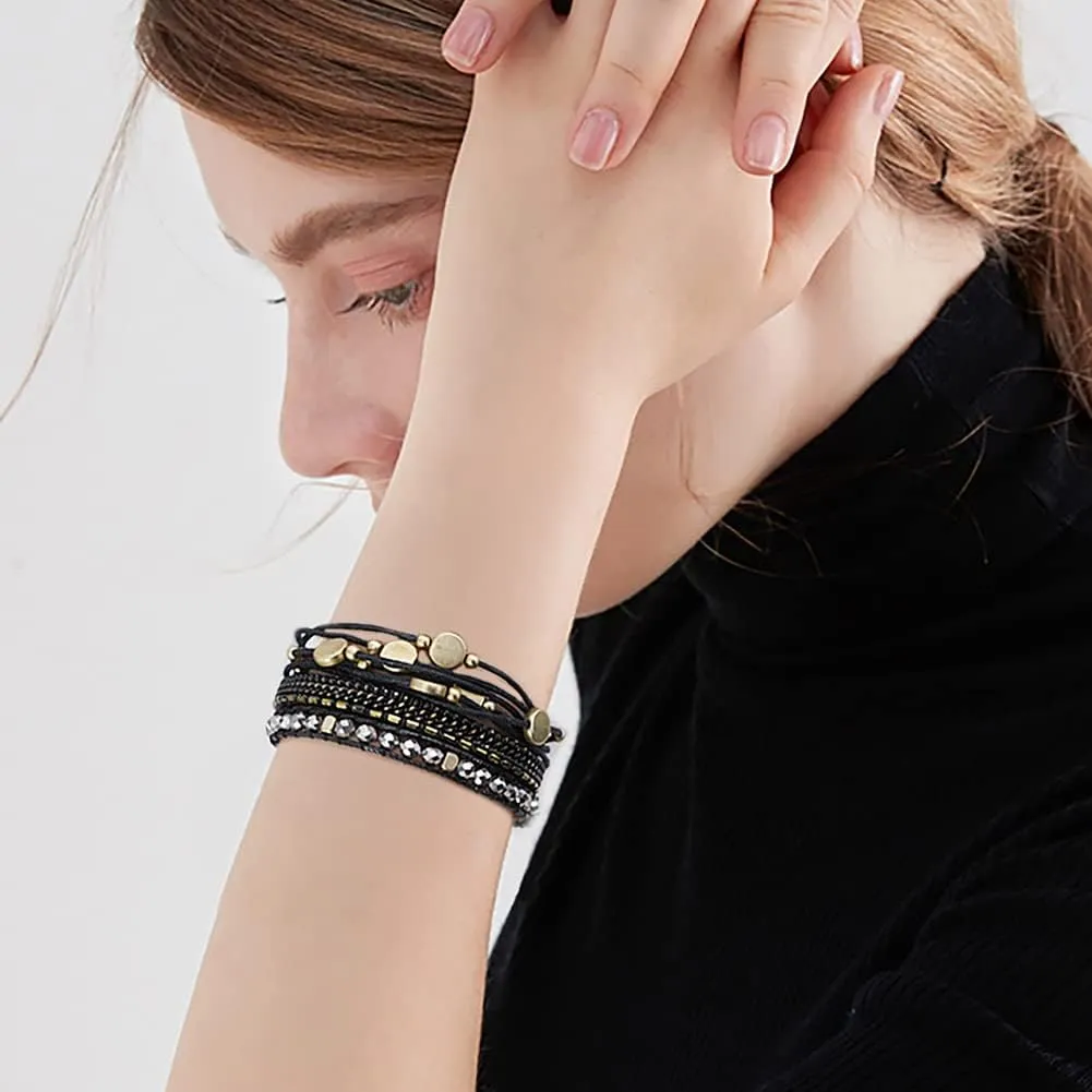 Wowanoo 3Pack Leather Cuff Bracelet Set Multilayer Wrap Bracelet Crystal Feather Tree Bracelet Magnetic Clasp Bracelet for Women