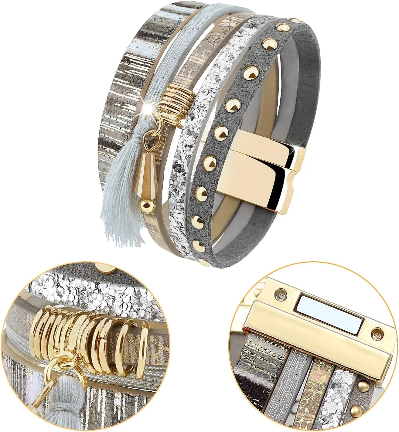 Wowanoo 3Pack Leather Cuff Bracelet Set Multilayer Wrap Bracelet Crystal Feather Tree Bracelet Magnetic Clasp Bracelet for Women