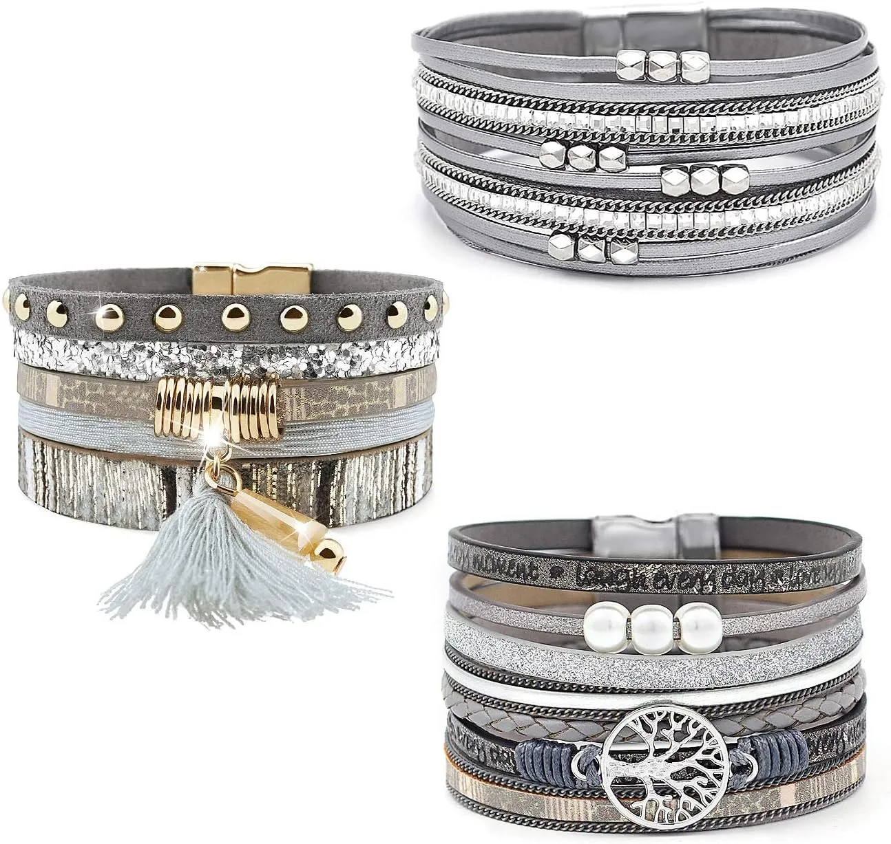 Wowanoo 3Pack Leather Cuff Bracelet Set Multilayer Wrap Bracelet Crystal Feather Tree Bracelet Magnetic Clasp Bracelet for Women