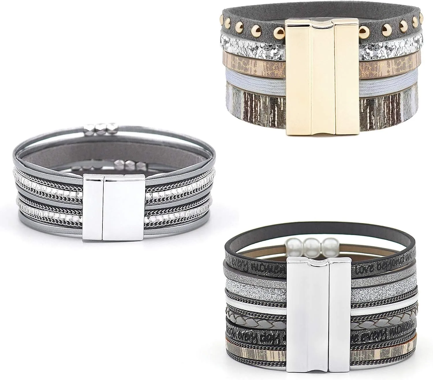 Wowanoo 3Pack Leather Cuff Bracelet Set Multilayer Wrap Bracelet Crystal Feather Tree Bracelet Magnetic Clasp Bracelet for Women