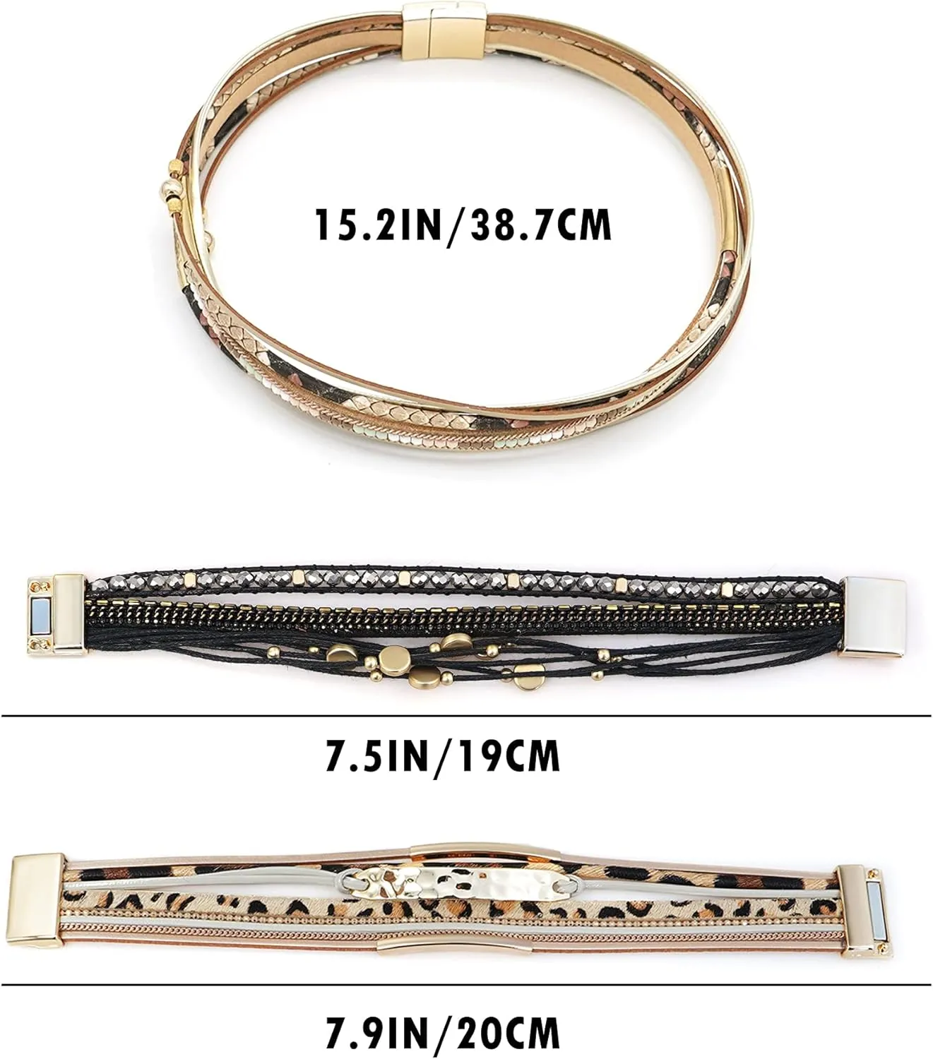 Wowanoo 3Pack Leather Cuff Bracelet Set Multilayer Wrap Bracelet Crystal Feather Tree Bracelet Magnetic Clasp Bracelet for Women