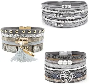 Wowanoo 3Pack Leather Cuff Bracelet Set Multilayer Wrap Bracelet Crystal Feather Tree Bracelet Magnetic Clasp Bracelet for Women
