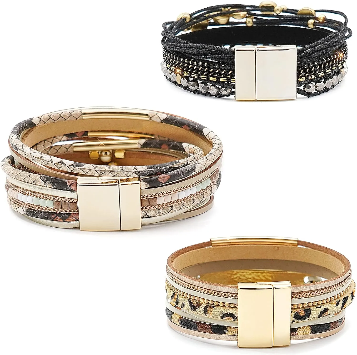 Wowanoo 3Pack Leather Cuff Bracelet Set Multilayer Wrap Bracelet Crystal Feather Tree Bracelet Magnetic Clasp Bracelet for Women