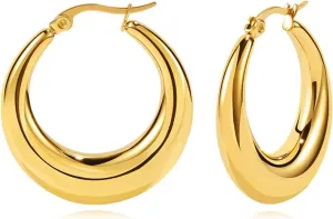 WOWORAMA Big Chunky Hoop Earrings for Women Silver Gold Stainless Steel Hoop Earrings Oval Thick Hollow Tube Hoop Earrings 20/30/40MM Hoops