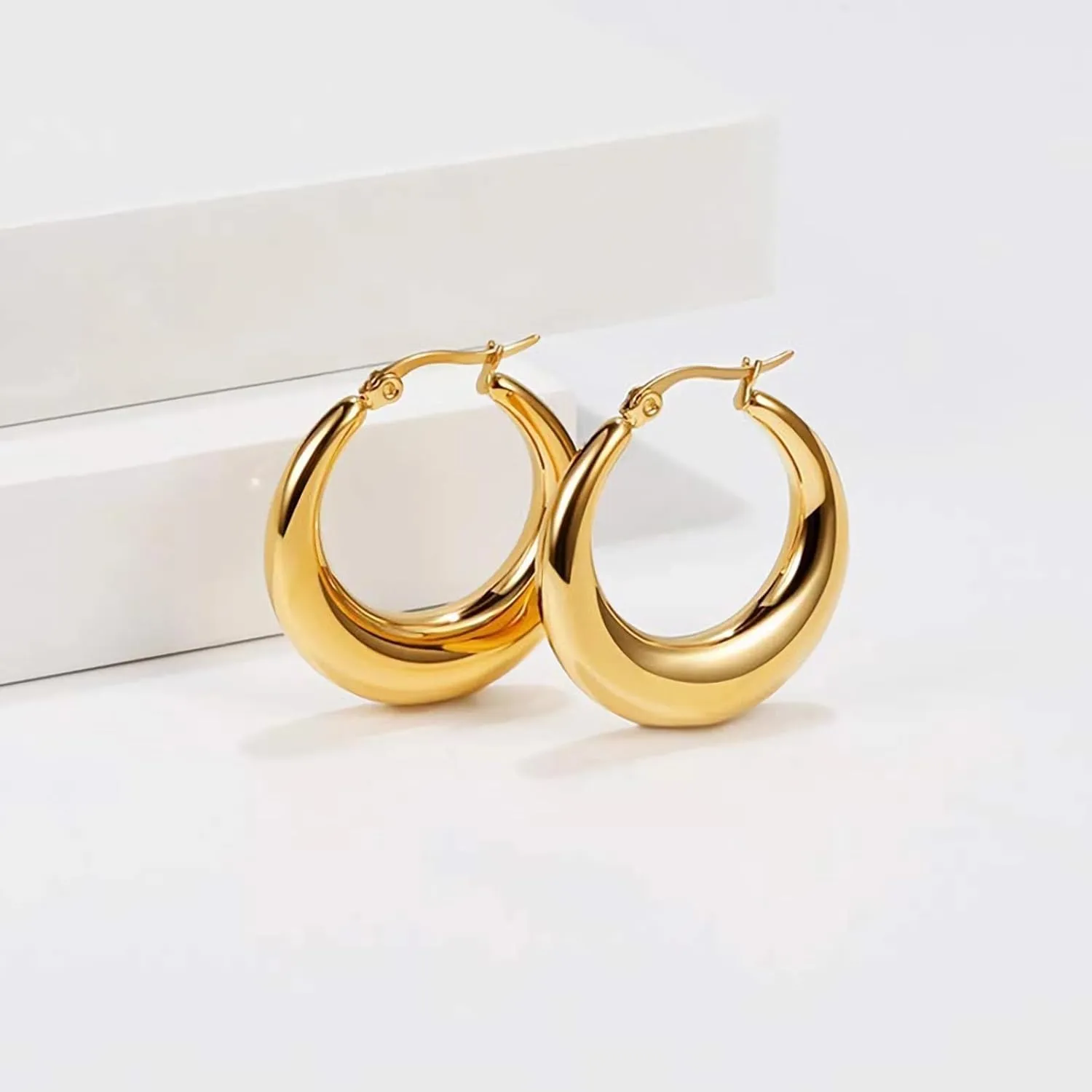 WOWORAMA Big Chunky Hoop Earrings for Women Silver Gold Stainless Steel Hoop Earrings Oval Thick Hollow Tube Hoop Earrings 20/30/40MM Hoops