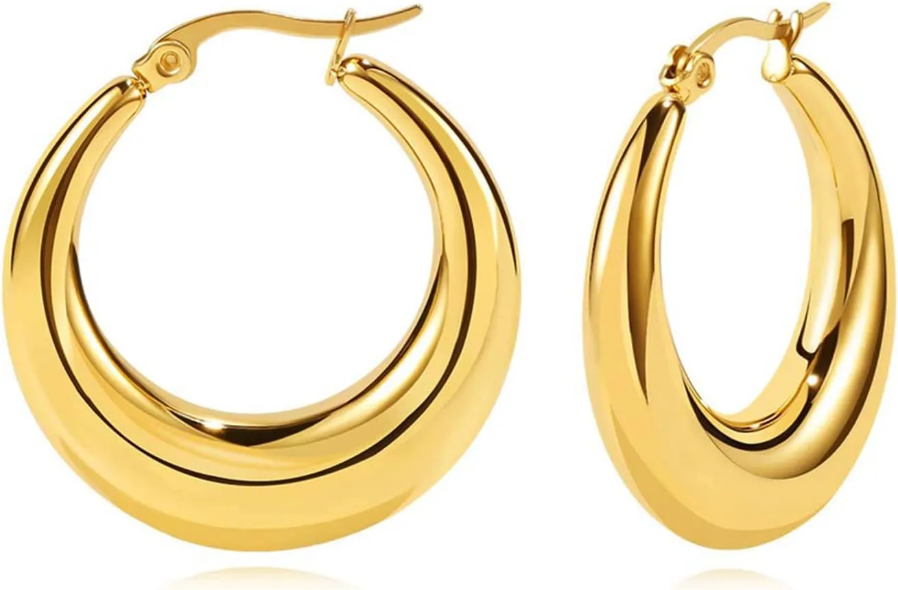 WOWORAMA Big Chunky Hoop Earrings for Women Silver Gold Stainless Steel Hoop Earrings Oval Thick Hollow Tube Hoop Earrings 20/30/40MM Hoops
