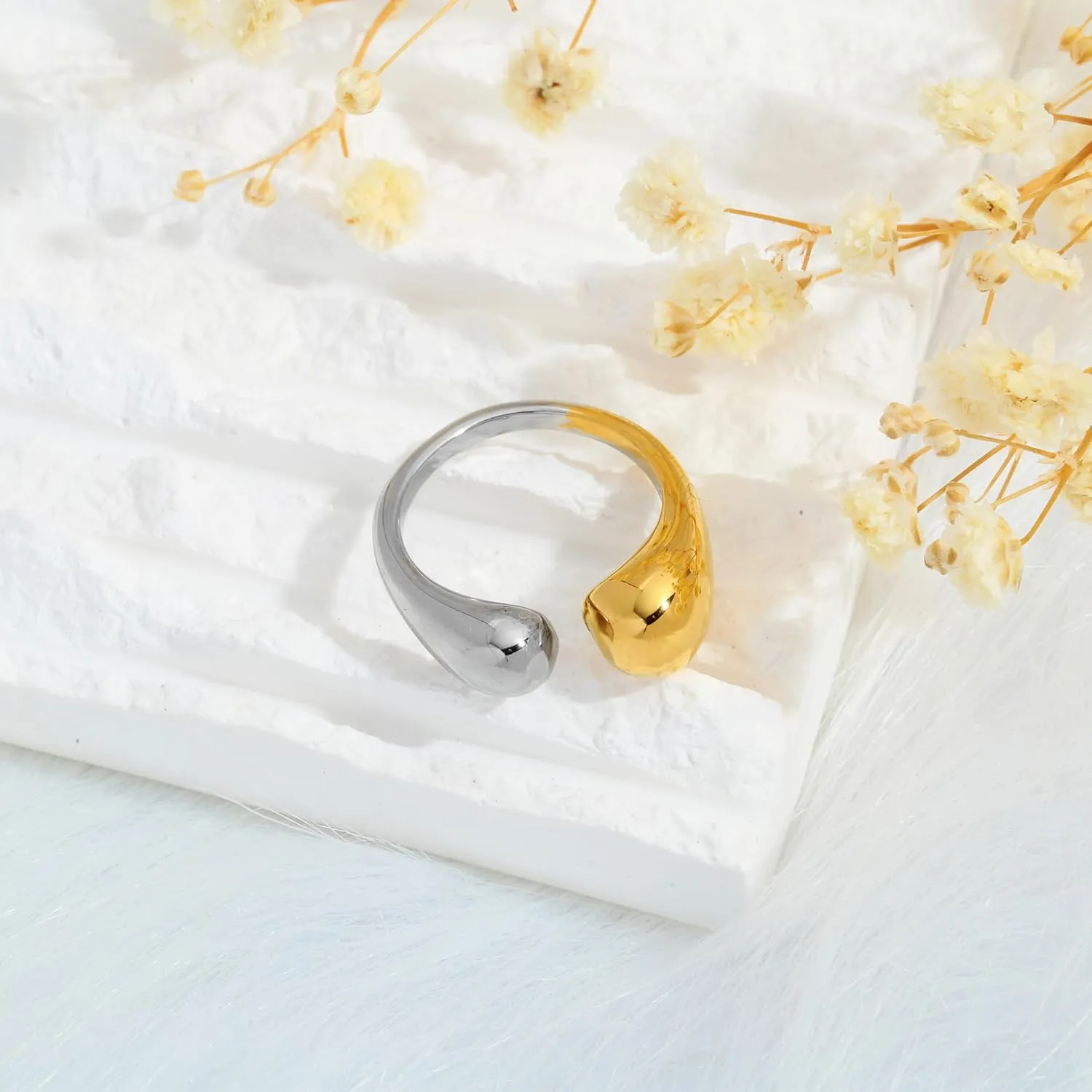 WOWORAMA Chunky Open Rings for Women Gold Silver Adjustable Dome Teardrop Rings Bold Thick Statement Rings Simple Stackable Band Rings