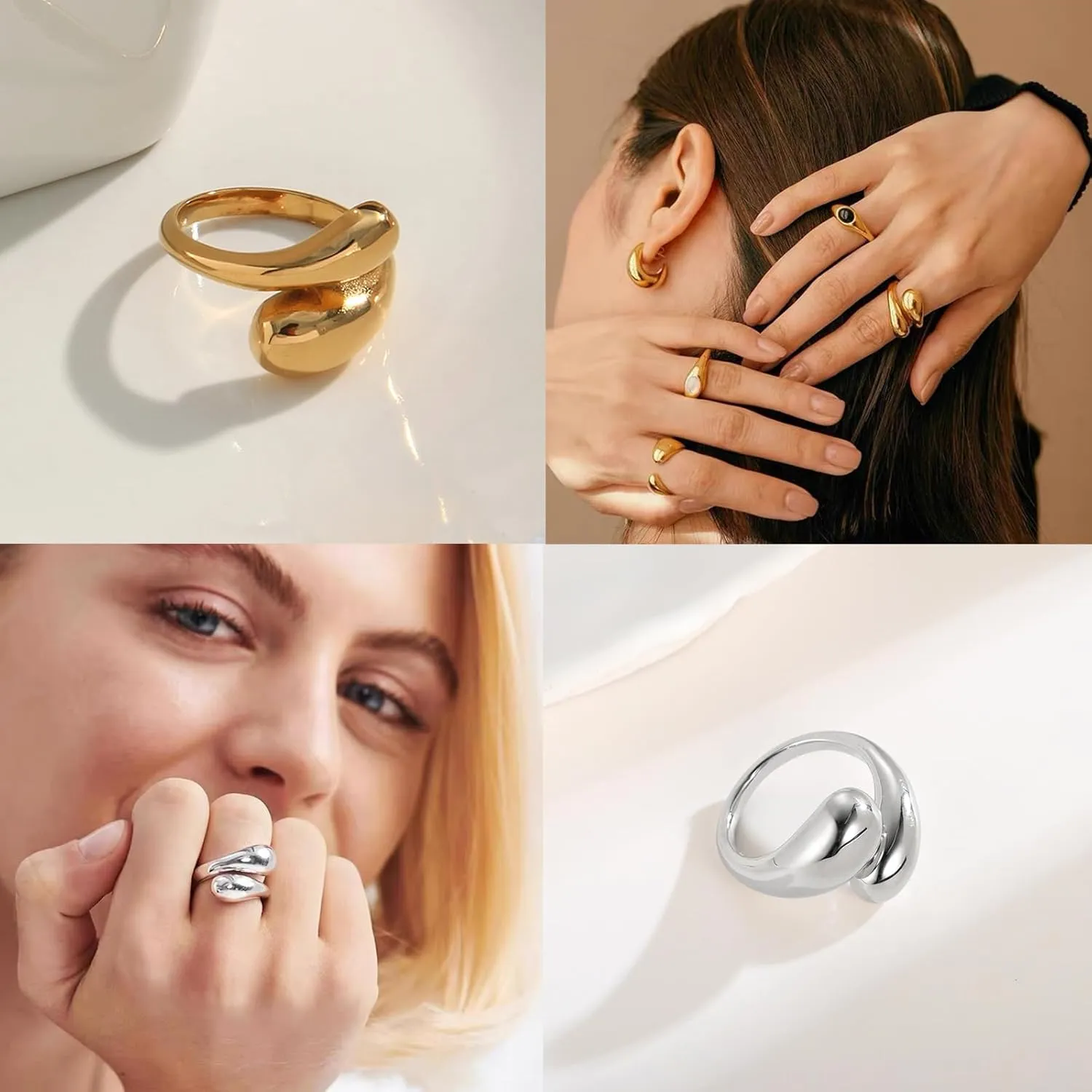 WOWORAMA Chunky Open Rings for Women Gold Silver Adjustable Dome Teardrop Rings Bold Thick Statement Rings Simple Stackable Band Rings