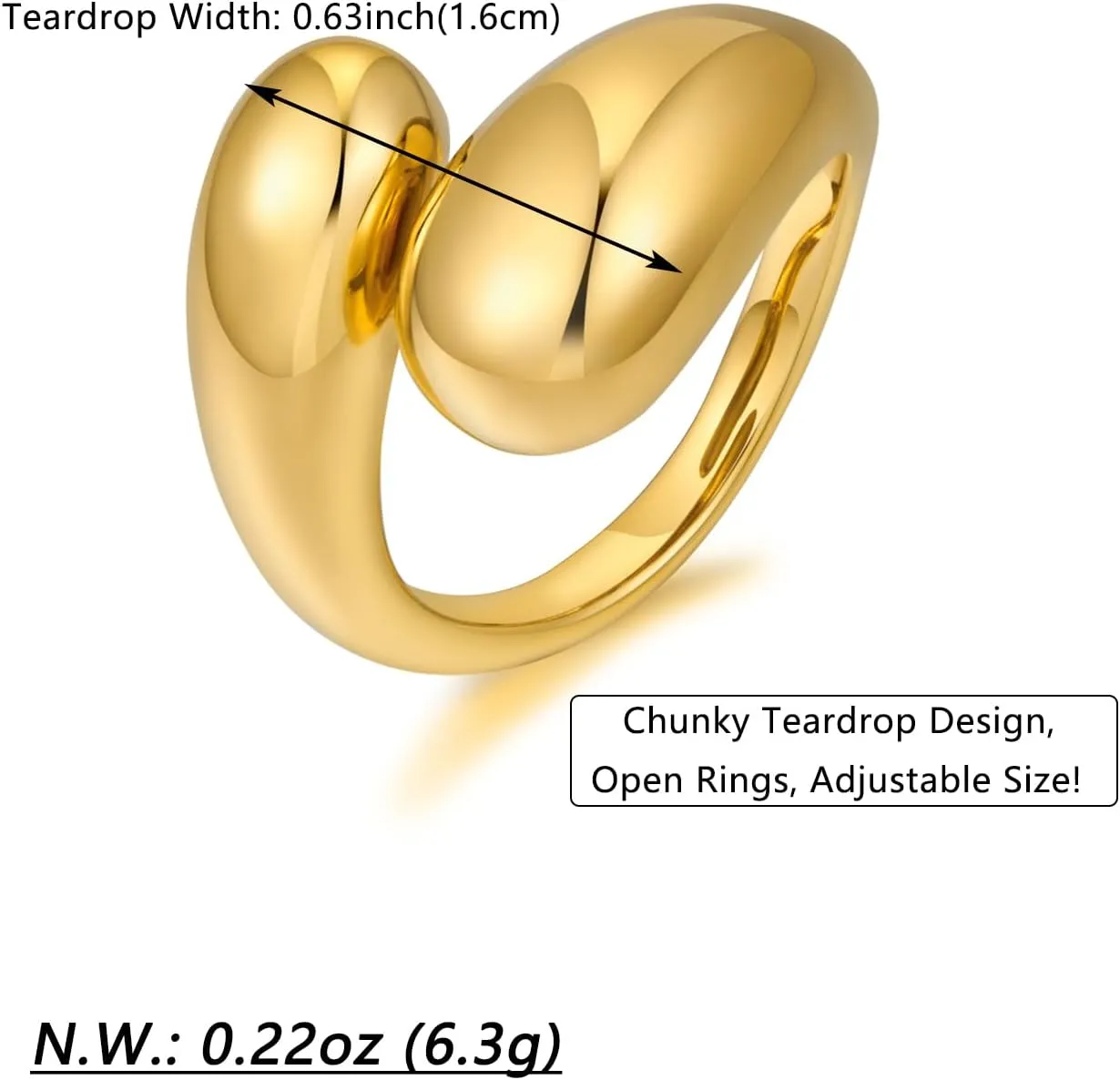 WOWORAMA Chunky Open Rings for Women Gold Silver Adjustable Dome Teardrop Rings Bold Thick Statement Rings Simple Stackable Band Rings