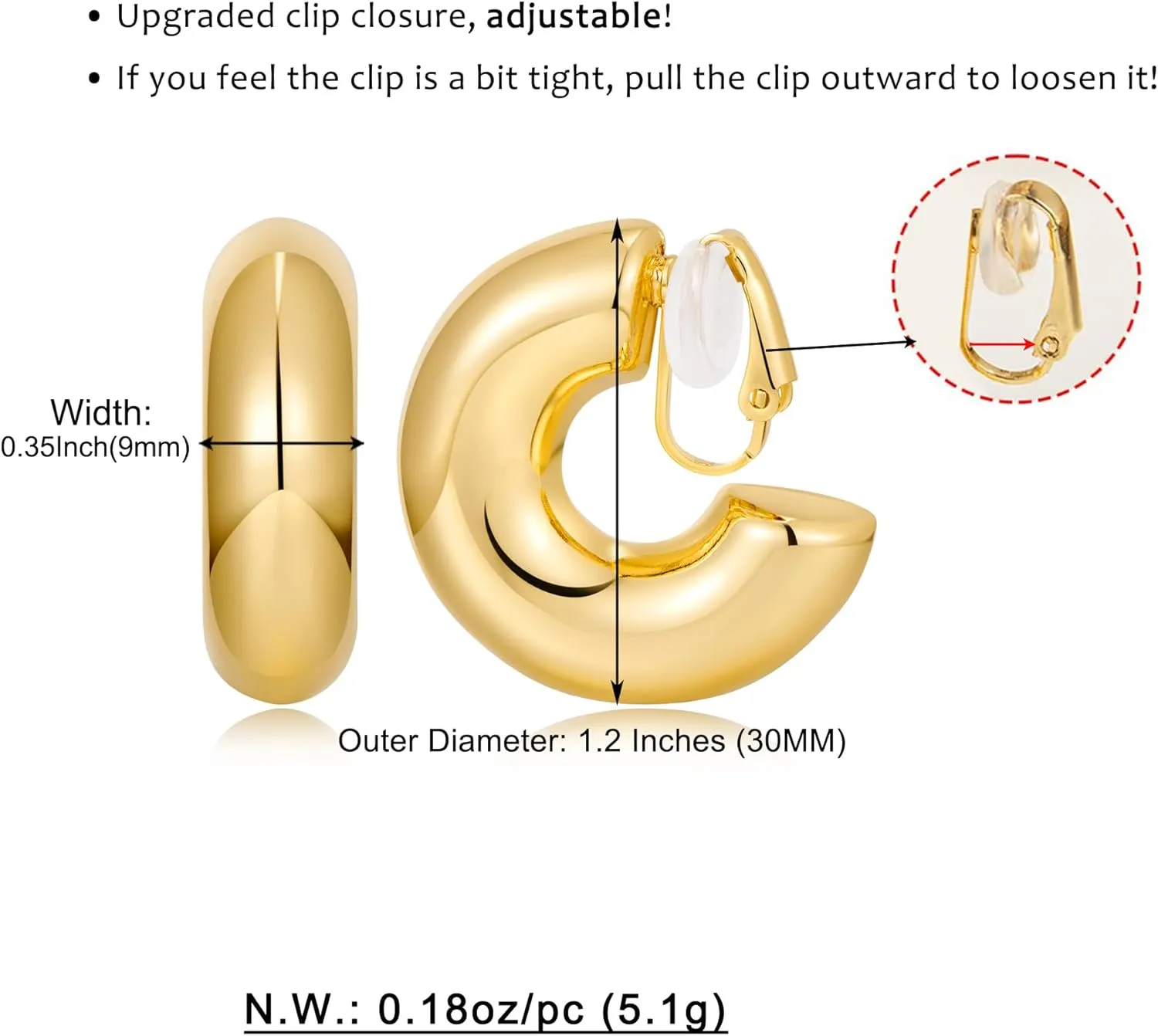 WOWORAMA Gold Clip On Hoop Earrings for Women - Classic Large Chunky Hoops - Non Pierced Minimalistic Clip Earrings