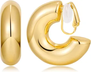 WOWORAMA Gold Clip On Hoop Earrings for Women - Classic Large Chunky Hoops - Non Pierced Minimalistic Clip Earrings
