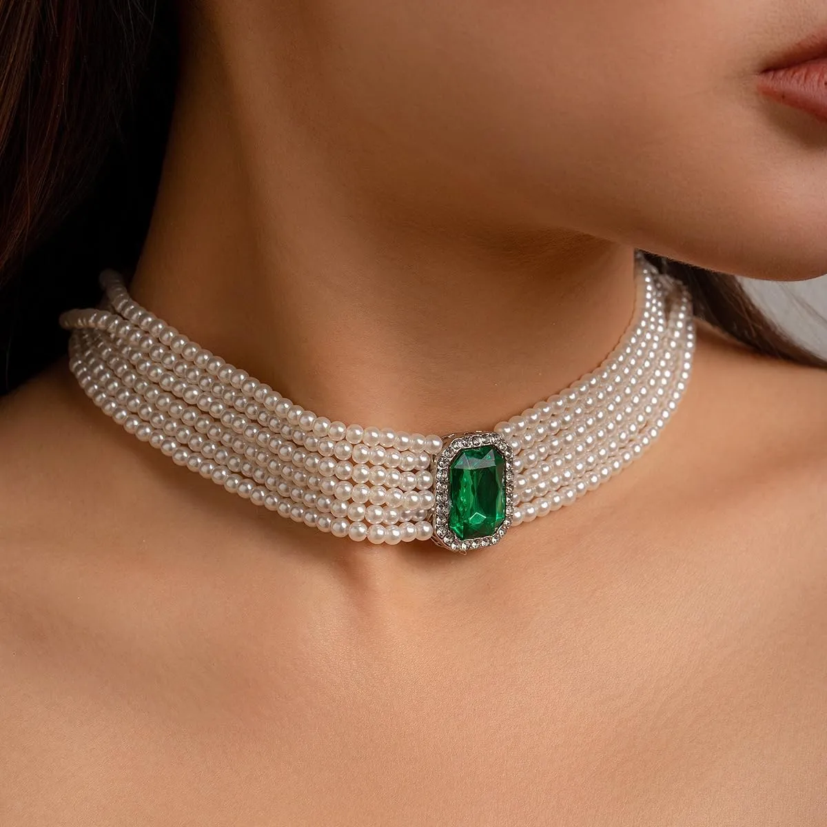 Xerling Vintage 1920s Faux Pearl Choker Necklaces Imitation Pearl Rhinestones Pendant Chains Bridal Wedding Jewelry Necklaces for Costume Party
