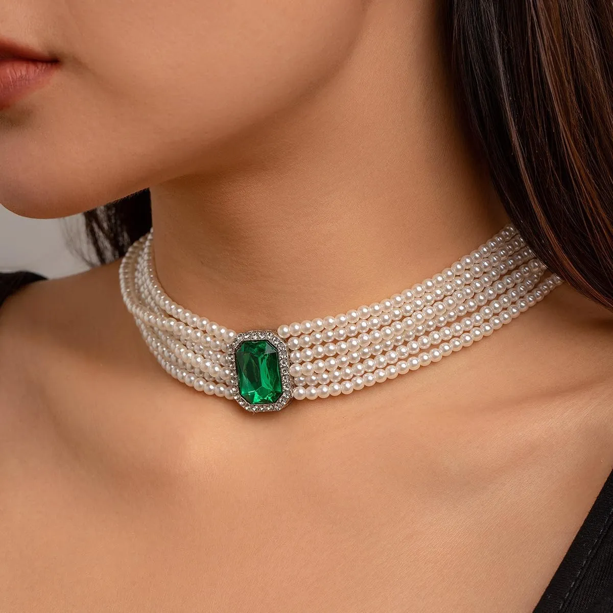 Xerling Vintage 1920s Faux Pearl Choker Necklaces Imitation Pearl Rhinestones Pendant Chains Bridal Wedding Jewelry Necklaces for Costume Party