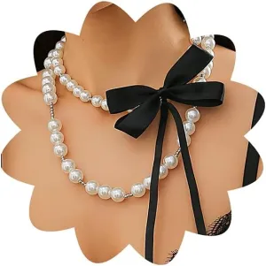 Xerling Vintage Pearl Choker Necklaces 2 Tier Elegant Faux Pearl Chains Bow Bowknot Ribbon Necklaces for Women Christmas Gifts