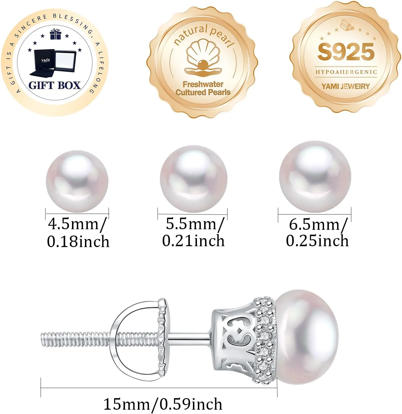 YAMI 925 Sterling Silver Pearl Earrings with Screw Back, Freshwater Cultured Pearls White Gold Plated Cubic Zirconia Stud Earrings for Women Men