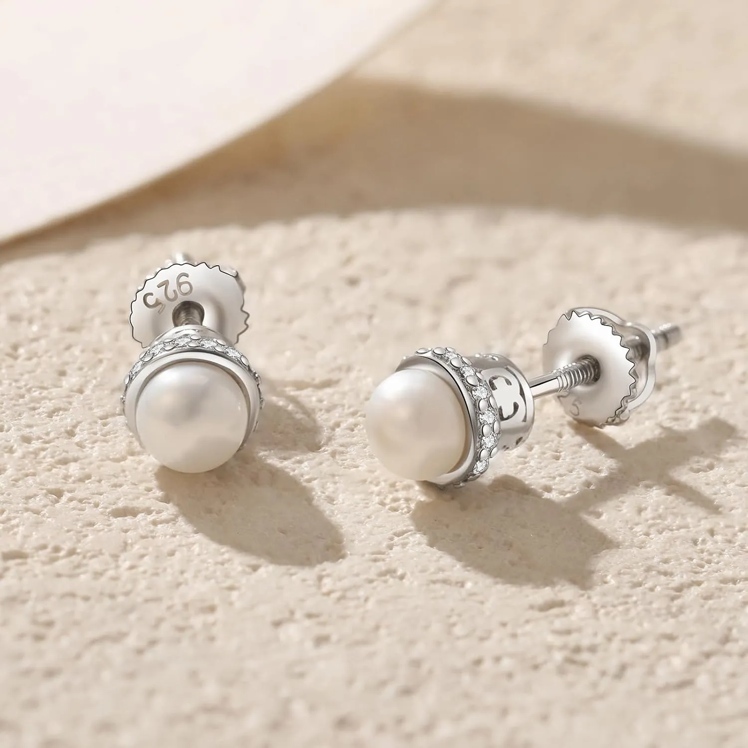 YAMI 925 Sterling Silver Pearl Earrings with Screw Back, Freshwater Cultured Pearls White Gold Plated Cubic Zirconia Stud Earrings for Women Men