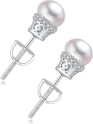 YAMI 925 Sterling Silver Pearl Earrings with Screw Back, Freshwater Cultured Pearls White Gold Plated Cubic Zirconia Stud Earrings for Women Men