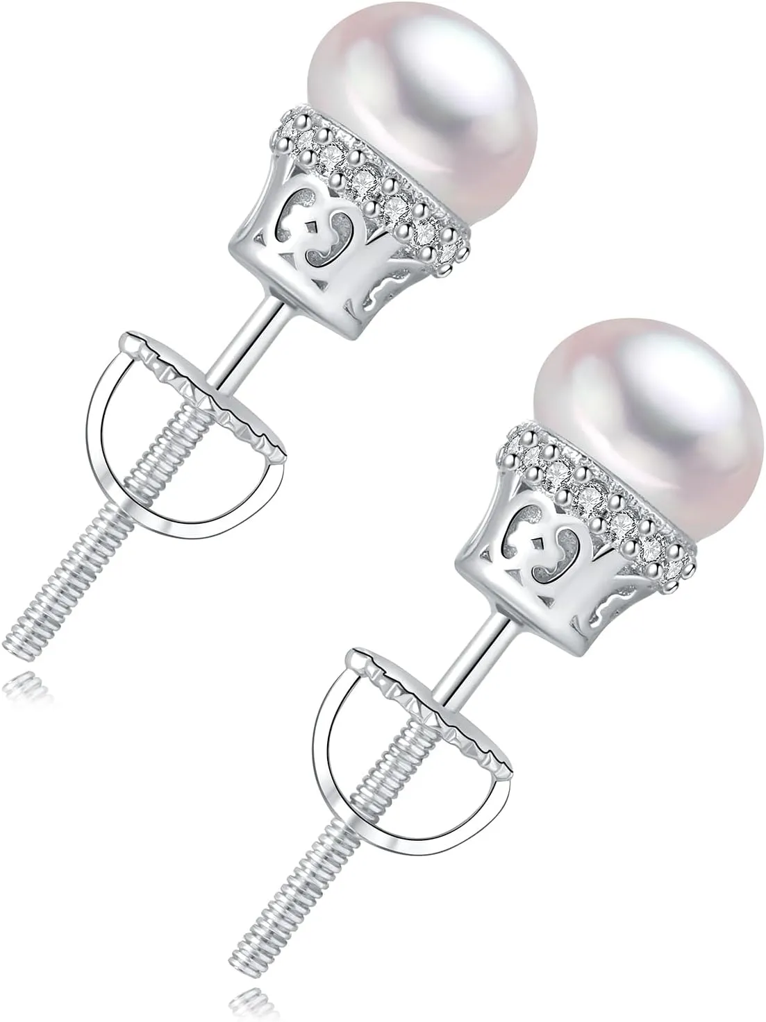 YAMI 925 Sterling Silver Pearl Earrings with Screw Back, Freshwater Cultured Pearls White Gold Plated Cubic Zirconia Stud Earrings for Women Men