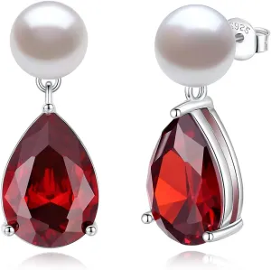YAMI Pearl Earrings for Women, 925 Sterling Silver Studs 10 * 14mm Pear Shaped Colored Zircon Birthstone Drop Dangle Earrings, 8-8.5MM Freshwater Cultured Pearl Jewelry Gifts