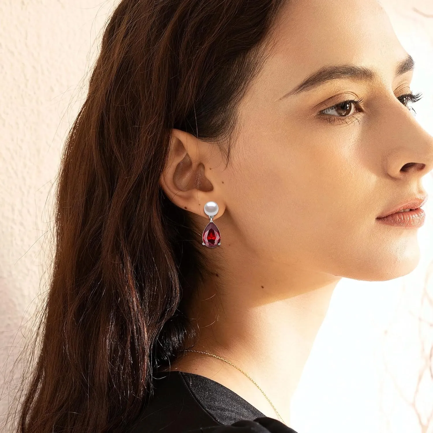 YAMI Pearl Earrings for Women, 925 Sterling Silver Studs 10 * 14mm Pear Shaped Colored Zircon Birthstone Drop Dangle Earrings, 8-8.5MM Freshwater Cultured Pearl Jewelry Gifts