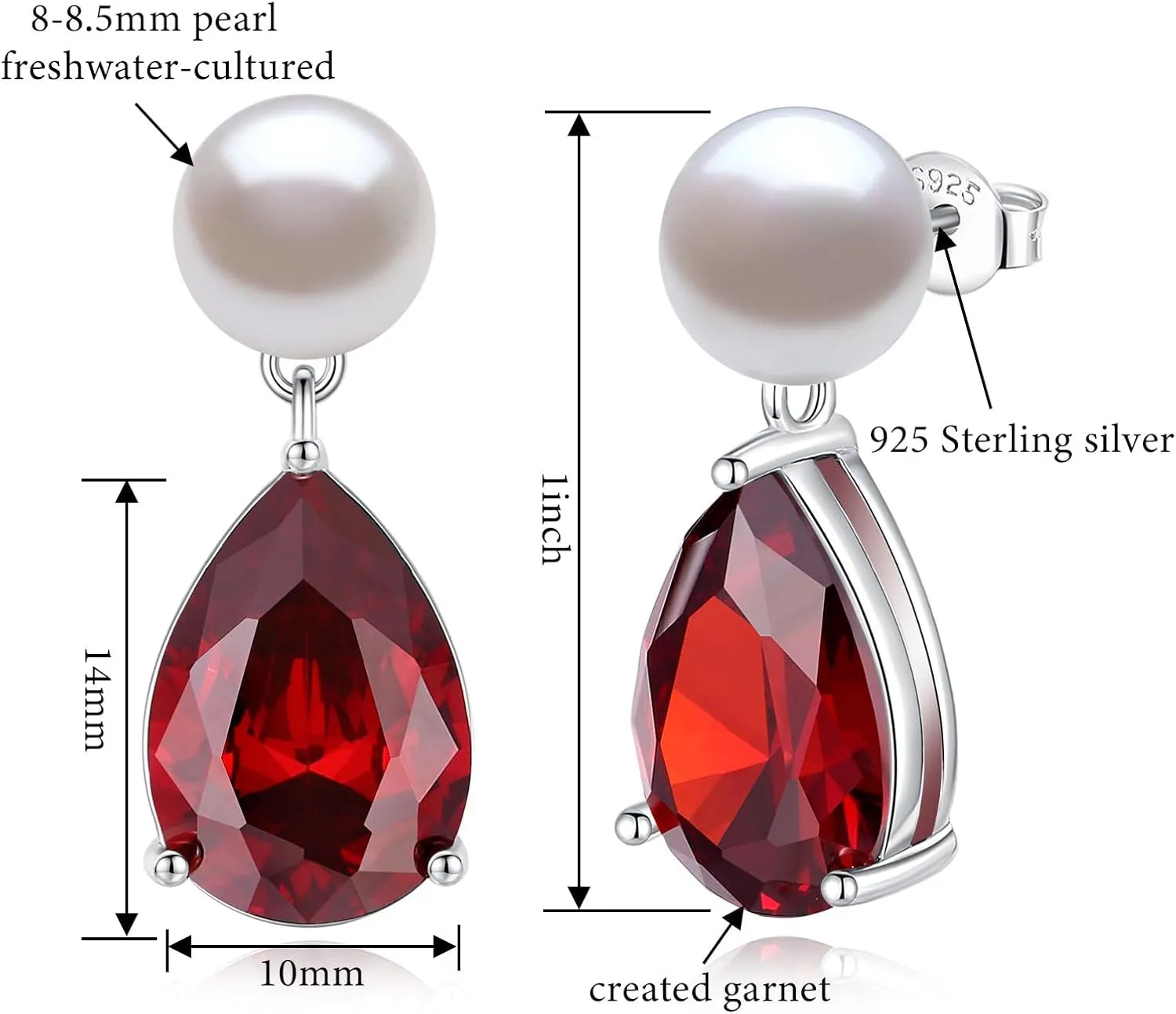 YAMI Pearl Earrings for Women, 925 Sterling Silver Studs 10 * 14mm Pear Shaped Colored Zircon Birthstone Drop Dangle Earrings, 8-8.5MM Freshwater Cultured Pearl Jewelry Gifts