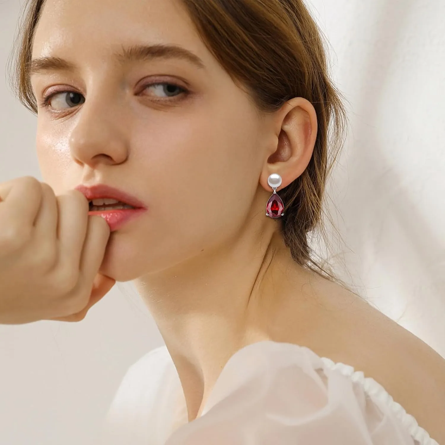 YAMI Pearl Earrings for Women, 925 Sterling Silver Studs 10 * 14mm Pear Shaped Colored Zircon Birthstone Drop Dangle Earrings, 8-8.5MM Freshwater Cultured Pearl Jewelry Gifts