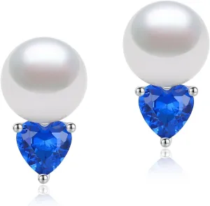 YAMI Sterling Silver Cultured Pearl Stud Earrings for Women, 8-8.5MM Freshwater/Saltwater Pearls, Heart Zircon Earrings Elegant Jewelry Gifts for Her