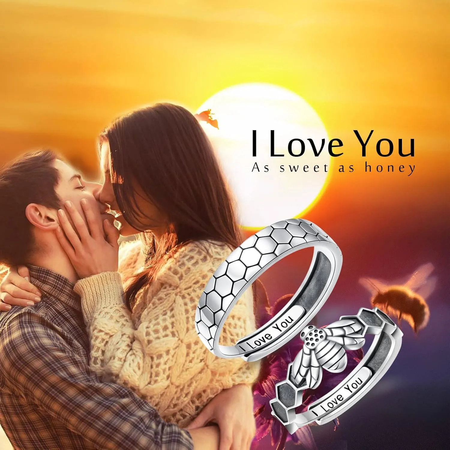 Yearace Couple Rings, 925 Sterling Silver Promise Ring for Couples Romantic Love Couples Jewelry Gifts, Adjustable Engagement Wedding Ring for Him and Her