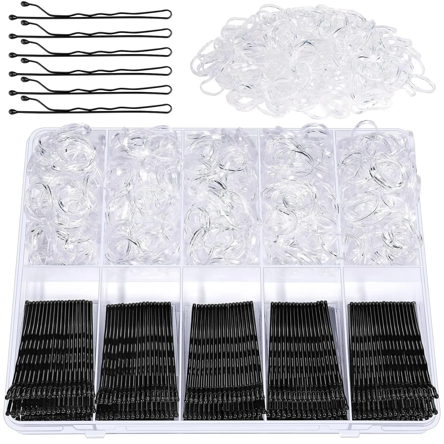 YGDZ 750 Count Black Bobby Pins Kit, 250 PCS Mini Hair Pins for Women, 2 Inch Styling Bobby Pins for Black Hair, 500 PCS Clear Elastic Hair Ties, Hair Accessories for Women, Kids, Girls
