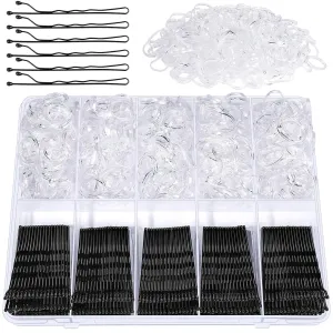 YGDZ 750 Count Black Bobby Pins Kit, 250 PCS Mini Hair Pins for Women, 2 Inch Styling Bobby Pins for Black Hair, 500 PCS Clear Elastic Hair Ties, Hair Accessories for Women, Kids, Girls