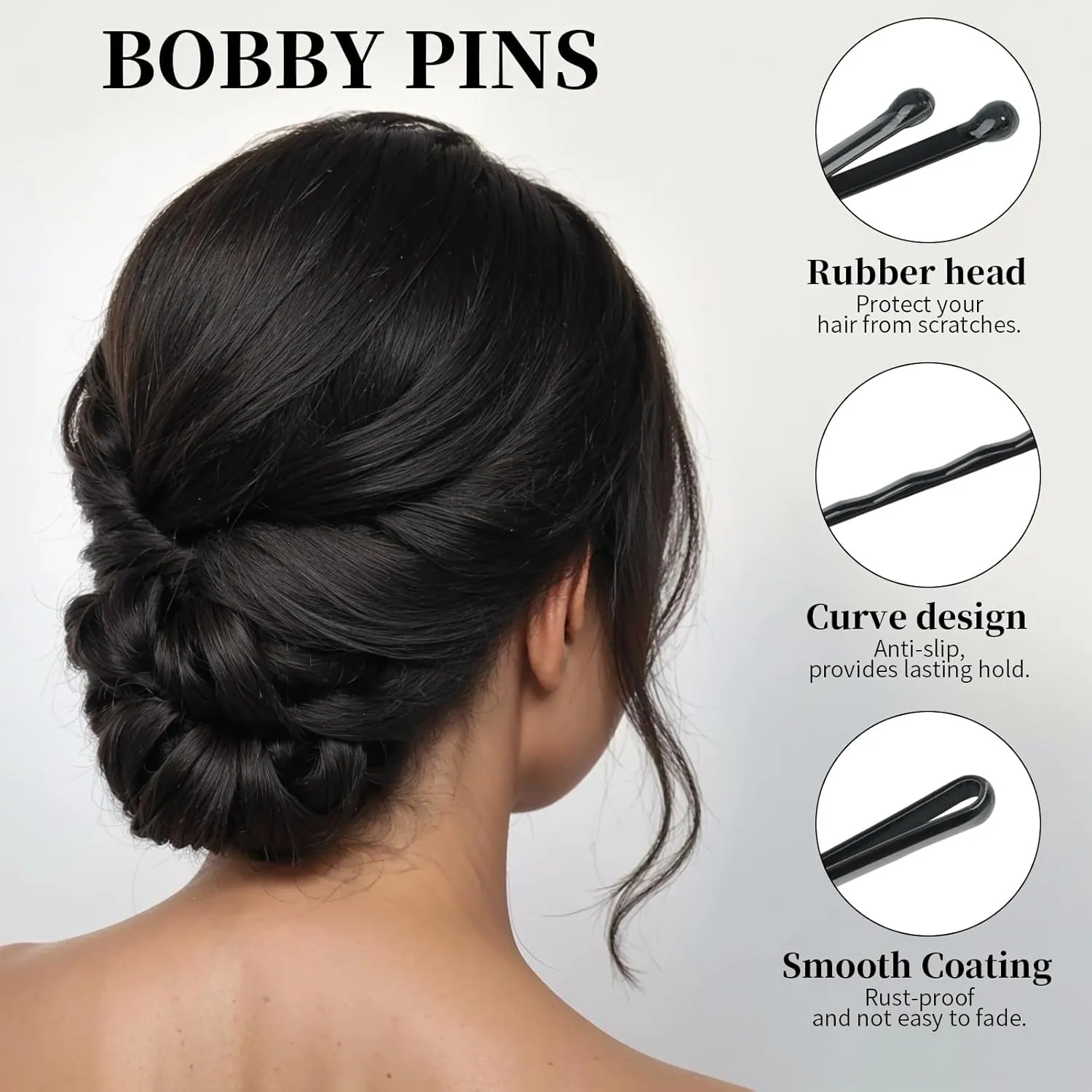 YGDZ 750 Count Black Bobby Pins Kit, 250 PCS Mini Hair Pins for Women, 2 Inch Styling Bobby Pins for Black Hair, 500 PCS Clear Elastic Hair Ties, Hair Accessories for Women, Kids, Girls