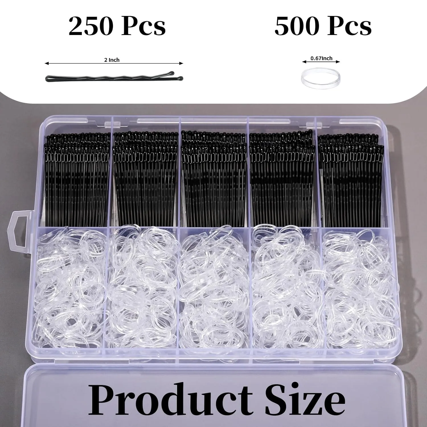 YGDZ 750 Count Black Bobby Pins Kit, 250 PCS Mini Hair Pins for Women, 2 Inch Styling Bobby Pins for Black Hair, 500 PCS Clear Elastic Hair Ties, Hair Accessories for Women, Kids, Girls