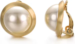 Yoursfs Ivory Pearl Clip on Earrings for Women Round Button Earrings 18K Yellow Gold Plated Non Pierced Earrings