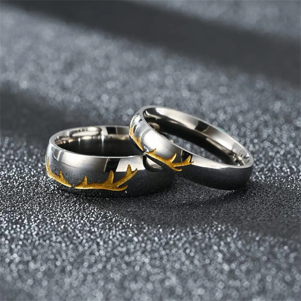 ZKXXJ Personalized Antler Ring for Him Her,Custom Stainless Steel His and Her Matching Promise Wedding Ring Set Name Date Latitude Engraved Engagement Band Matching Couple Rings