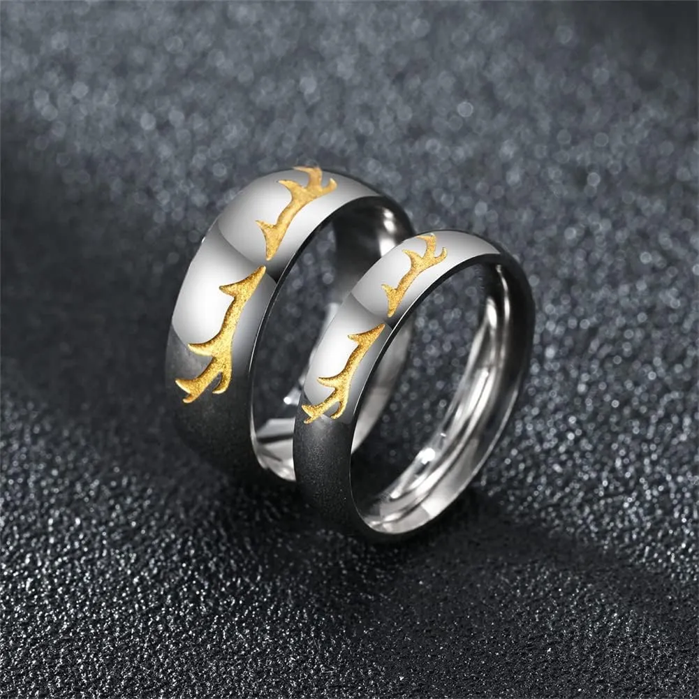 ZKXXJ Personalized Antler Ring for Him Her,Custom Stainless Steel His and Her Matching Promise Wedding Ring Set Name Date Latitude Engraved Engagement Band Matching Couple Rings