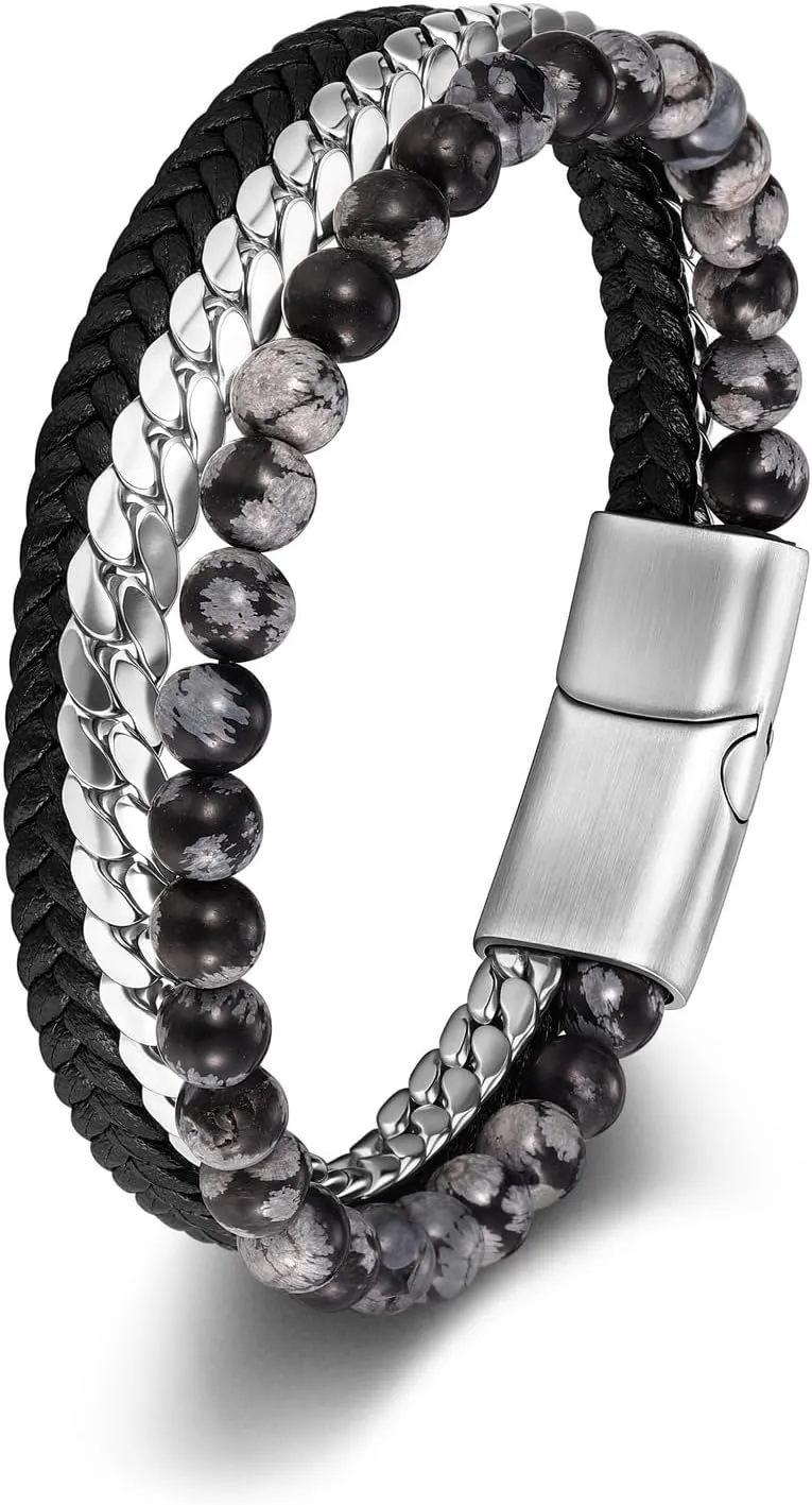 Zysta Mens Bracelet Beaded Leather Bracelets for Men 6mm Obsidian Tiger Eye Stone Cuban Chain Genuine Leather Layered Bracelets Braided Leather Wristband Stainless Steel Clasp Mens Jewelry