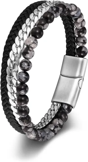 Zysta Mens Bracelet Beaded Leather Bracelets for Men 6mm Obsidian Tiger Eye Stone Cuban Chain Genuine Leather Layered Bracelets Braided Leather Wristband Stainless Steel Clasp Mens Jewelry