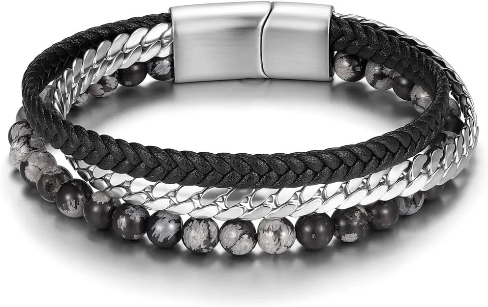 Zysta Mens Bracelet Beaded Leather Bracelets for Men 6mm Obsidian Tiger Eye Stone Cuban Chain Genuine Leather Layered Bracelets Braided Leather Wristband Stainless Steel Clasp Mens Jewelry